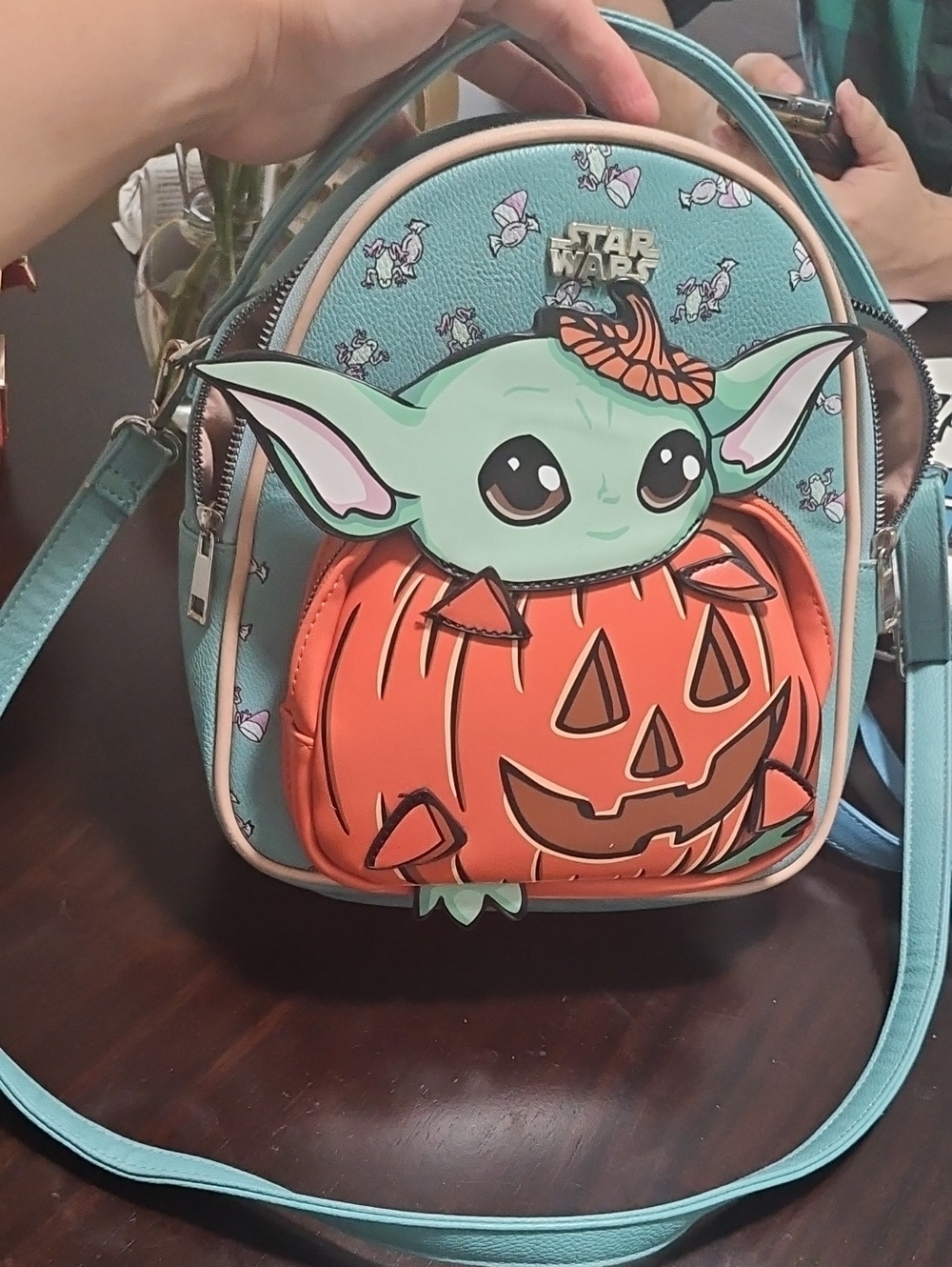 Box Lunch Star Wars Baby Yoda Pumpkin Mini Crossbody Bag/backpack- Teal & Orange